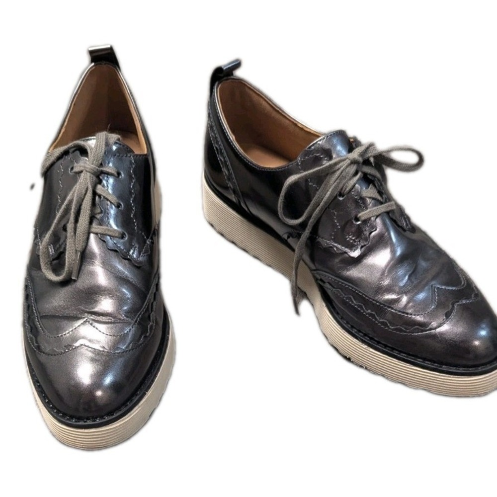 J & M Women 8.5 Mitzi‎ Scalloped Loafer Wingtip Pewter Lace Up Metallic Platform